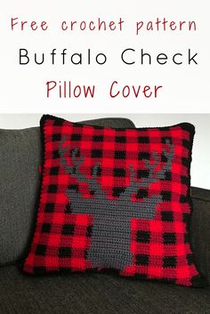 the buffalo plaid pillow cover is crocheted in red and black with a moose on it