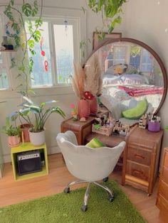 a room with a chair, mirror and plants in it