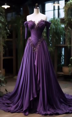 Purple Md Dress, Purple Gowns Royal, Dark Purple Fantasy Dress, Princess Dress Fairytale Royal, Mythical Dresses, Purple Fantasy Dress, Royal Purple Prom Dress, Mcu Outfits