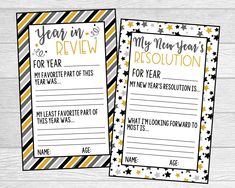 two new year's resolution cards with yellow and black stars on them, one is for