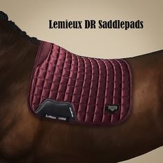 a brown horse with a red saddle cover on it's head and the words lenieux dr saddlepads