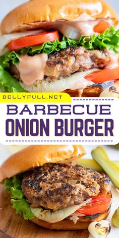 Try this Barbecue Onion Burger recipe! The perfect summer grilling recipe or for Father's Day dinner menu, this juicy burger features sautéed and grilled onions, smothered in tangy barbecue sauce and melted cheese atop lean ground beef. A crowd pleasing Memorial Day party food too! Grilled Onion Burgers, Onion Burger Recipe, Onion Burgers, Grilled Onion, Butter Burgers, Hamburgers Grilled, Onion Burger, Bbq Burgers, Favorite Dinner