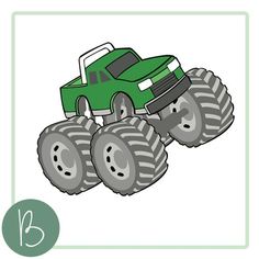 a green monster truck with four large tires on it's front and two smaller wheels on