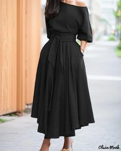 OliviaMark - Chic Off-Shoulder Dress with Tie-Waist in Solid Color Color Borgoña, Solid Skirt, Tie Maxi Dress, Tie Waist Dress, Half Sleeve Dresses, Solid Color Dress, Boho Lace, Formal Dresses For Women, Lace Dress Black