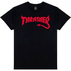 Thrasher Skateboard Magazine DIABLO BLACK Short Sleeve T-Shirts-5150 Skate Shop Urban Black T-shirt With Band Logo, Black Urban T-shirt With Band Logo, Urban Tops With Logo Print For Skateboarding, Black Logo Print Top For Skateboarding, Urban Black T-shirt For Skateboarding, Black Tops With Logo Print For Skateboarding, Black Urban T-shirt For Skateboarding, Black Urban Tops For Skateboarding, Band Merch Graphic T-shirt For Skateboarding