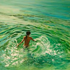 a painting of a person swimming in the ocean