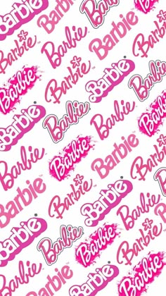 pink and white fabric with the word barbie written in large, bold font on it