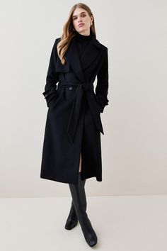 Italian Luxurious Textured Wool Belted Trench Coat - Black - Completed with notch lapels, a classic double-breasted closure and buttoned tabs at the cuffs, this staple belted coat promises effortless sophistication to any ensemble. Crafted with soft, lustrous zibeline fabric, this coat has a premium feel.Style: Wool Look CoatDesign: PlainFabric: WovenLength: LonglineNeckline: CollaredSleeve Length: Long Sleeve Discover our full collection of coats and jackets for the season ahead, including esse Wool Coat With Belt, Wool Long Coat For Women, Black Overcoat Women, Black Coats For Women Winter, Long Belted Coat, Soft Dramatic Coat, Black Coat Styling, 100% Wool Coat, Modern Black Wool Coat