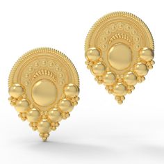 These earrings are among the most iconic Etruscan designs, and are based on several examples housed at the Villa Giulia Etruscan museum in Rome dating to the seventh century BC. Here, the rounded disk shape at the top is framed with a ribbed border, while the center and bottom edges are filled with cascading golden droplets of varying sizes. The earring has a post back. Larentia was an ancient Roman goddess of fertility, whose festival, the Larentalia, was celebrated on December 23rd. According Villa Giulia, Roman Goddess, Ancient Romans, Fertility, Clip On Earrings, Rome, 925 Sterling Silver, Sterling Silver, Silver