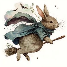 a watercolor painting of a rabbit dressed as a wizard flying on a broom with bats in the background