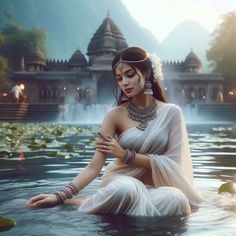 a woman is sitting in the water with her hands on her chest and wearing jewelry