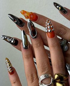 🔥 Bold Chrome & Sculptural Metallic Press-On Nails 🔥 🌟 Step into the Spotlight with Stunning Nails! 🌟 Dare to be bold with this edgy, high-fashion press-on nail set that combines chrome metallic accents, amber details, and 3D sculptural elements. Perfect for fashion-forward individuals who love making a statement with their nails, this design blends luxury and artistry in every tip. ✨💎 🌟 Key Features & Highlights: Metallic Chrome Finish: A dazzling reflective shine that turns heads. 🌟✨ Amber and Sculptural Accents: Unique textures and amber-inspired designs for an artsy vibe. 🍂💫 3D Details: Elevate your style with pearl-like textures and custom sculptural elements. 🖤💎 Luxury Materials: Crafted with high-quality gel polish, durable resin, and love. 💅💖 Customizable: Choose your Orange Nails Fall, Porcelain Nails, 3d Nail Designs, Matte Nails Design, Indie Jewelry, Crazy Nails, Nails Only, Shellac Nails