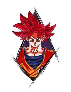 a drawing of gohan with red hair and blue eyes, standing in front of a triangle