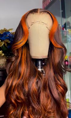 Black Wig With Orange Highlights, Ginger Wig With Highlights, Fall Colored Wigs For Black Women, Custom Colored Wigs, Orange On Black Women, Fall Hair Colors Black Women, Fall Color Hair Ideas, Wig Colors Black Women, Brown And Orange Hair