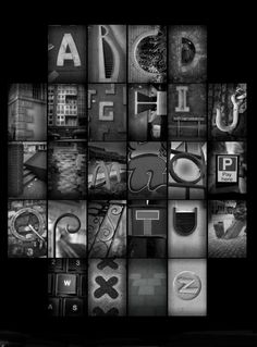 black and white photo collage with letters