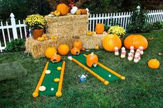 pumpkins and hay bales are arranged on the lawn