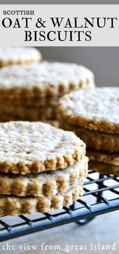 oat and walnut biscuits on a cooling rack with text overlay that reads, the view from great island