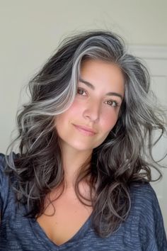 Silver Highlights Underneath Dark Hair, Gradual Grey Hair Aging Gracefully, Silver Hair Highlights On Brown Hair, Grey Streak In Front Of Hair, Grey Grow Out, Smokey Gray Hair Color, Salt And Pepper Curly Hair