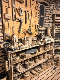 there are many tools on the shelf in this room, and it is hard to tell what they are