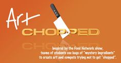 an orange background with the words art chopped and a large knife on top of it