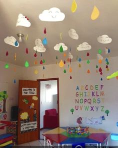 a child's playroom with colorful clouds and raindrops hanging from the ceiling