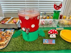 a table topped with food and drinks on top of green grass