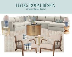 the living room design is shown with chairs and couches in beige, blue and white colors