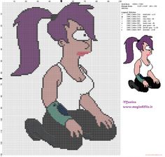 a cartoon character with purple hair sitting on the ground next to a cross stitch pattern