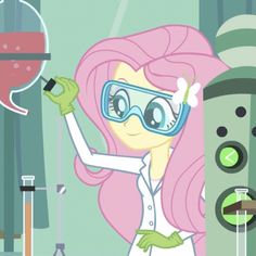 a pink haired girl with glasses holding a beakle in front of a science experiment