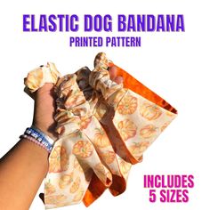 a hand holding up a bow with the words dog bandana with elastic