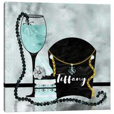 a painting of a hat, glass and beaded necklace with the word tiffany on it