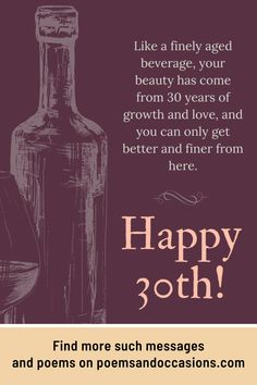 happy 30th birthday card for someone with a bottle and wine glass on the table in front of them