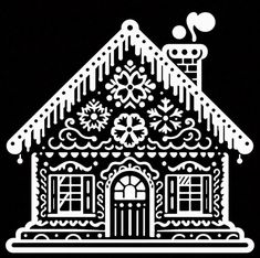 a black and white drawing of a house with snowflakes on it's roof