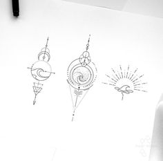 three different designs on a piece of paper next to a pen and ink drawing pencil