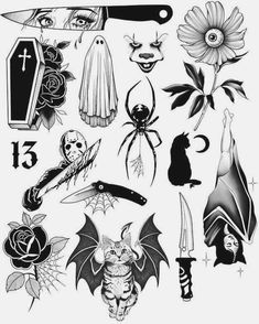 various halloween tattoos on white paper with black and white ink, including bats, roses, flowers