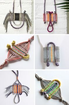 four different types of handmade purses hanging on a wall with palm leaves in the background