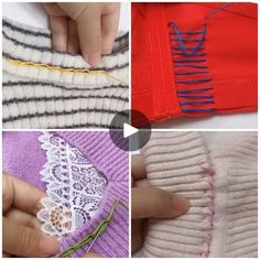 four pictures showing how to sew lace on sweaters