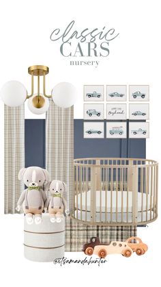 a baby's nursery with blue and white decor