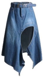 a women's denim skirt with an asymmetrical cut in the middle