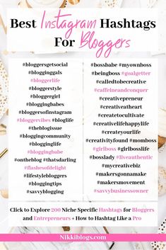 the best instagram hashs for bloggers in pink and white with text overlay