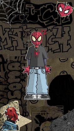 an image of a spider man on a wall with graffiti in the background and another drawing behind it