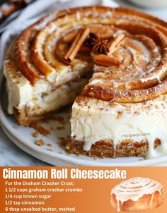 cinnamon roll cheesecake on a white plate