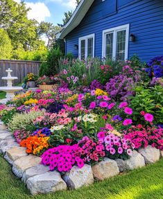 a garden with flowers and rocks in front of a blue house on a sunny day