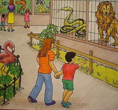 children are looking at animals in an animal cage while others look on from the other side