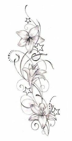 a drawing of flowers with swirls and stars on the bottom half of their arm