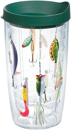 a plastic cup with fishing lures hanging from it's sides and green lid