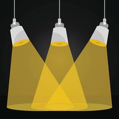 three yellow light bulbs hanging from the ceiling in front of a black background with text below