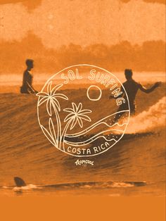 two people riding surfboards on top of a wave in an orange and black photo