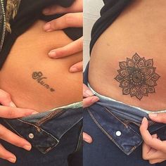 two pictures of the same woman's stomach with tattoos on them