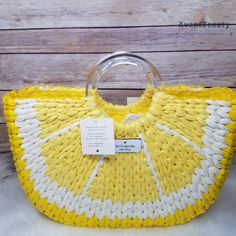 Name - Kate Spade Picnic Perfect Lemon Medium Tote Yellow `` Price Is Firm `` More Details - Tote With Open Top Closure Dual Clear Plastic Circular Handles Two Interior Zipper Pockets Leather Patch Logo On Front 12.59"W X 7.87"H X 3.3" + Bag Is Authentic ++ From Smoke Free & Pet Free Home +++ No Trades ++++ Check Out My Other Listings I Have Available From Avantbeautybags Photos Are Taken With Bright Lighting And Colors May Vary Under Different Conditions (Your Device, Monitor, Etc). Kate Spade Summer Shopping Bag, Yellow Top Handle Straw Bag For Summer, Handwoven Yellow Bags For Spring, Yellow Top Handle Straw Bag For Beach, Kate Spade Summer Vacation Bags, Handmade Yellow Beach Bag For Summer, Yellow Woven Beach Bag For Spring, Spring Yellow Woven Beach Bag, Summer Kate Spade Bags For Daily Use